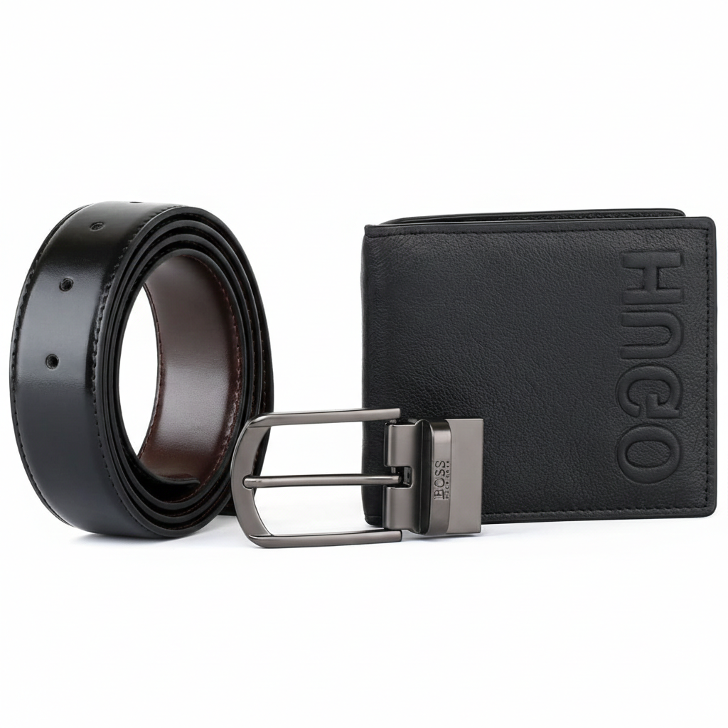 Close-up of a Hugo Boss black genuine leather belt featuring a polished silver-tone pin buckle with engraved branding