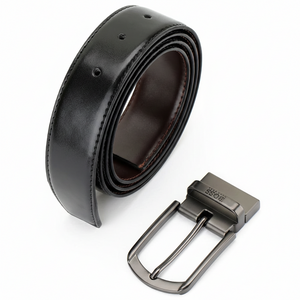 Top-down view of a Hugo Boss black genuine leather belt alongside a sleek silver-tone classic pin buckle