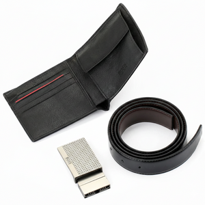 Interior view of Hugo Boss black leather wallet showing a secure snap-button coin compartment, multiple card slots, and embossed logo