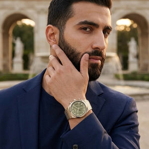 Lifestyle luxury shot featuring Hugo Boss Candor 1514222 chronograph men's watch.