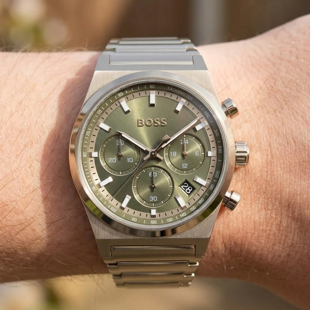 Live wrist shot of Hugo Boss Candor 1514222 chronograph men's watch.