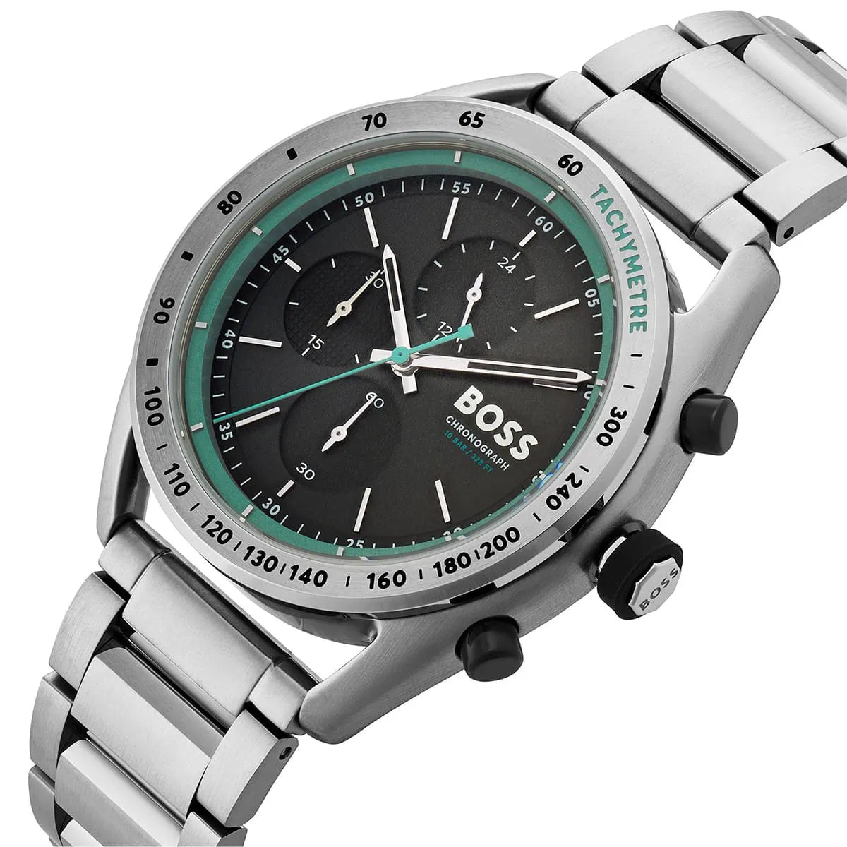 Left side perspective of the Hugo Boss 1514023 black dial and silver bracelet link