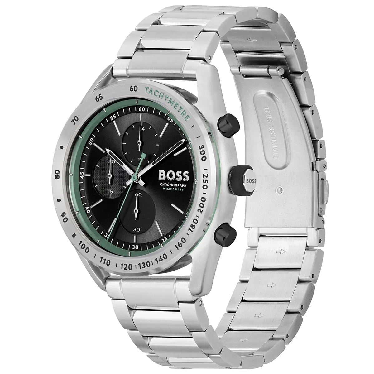 Angled view of the Hugo Boss 1514023 highlighting the polished silver case and pushers