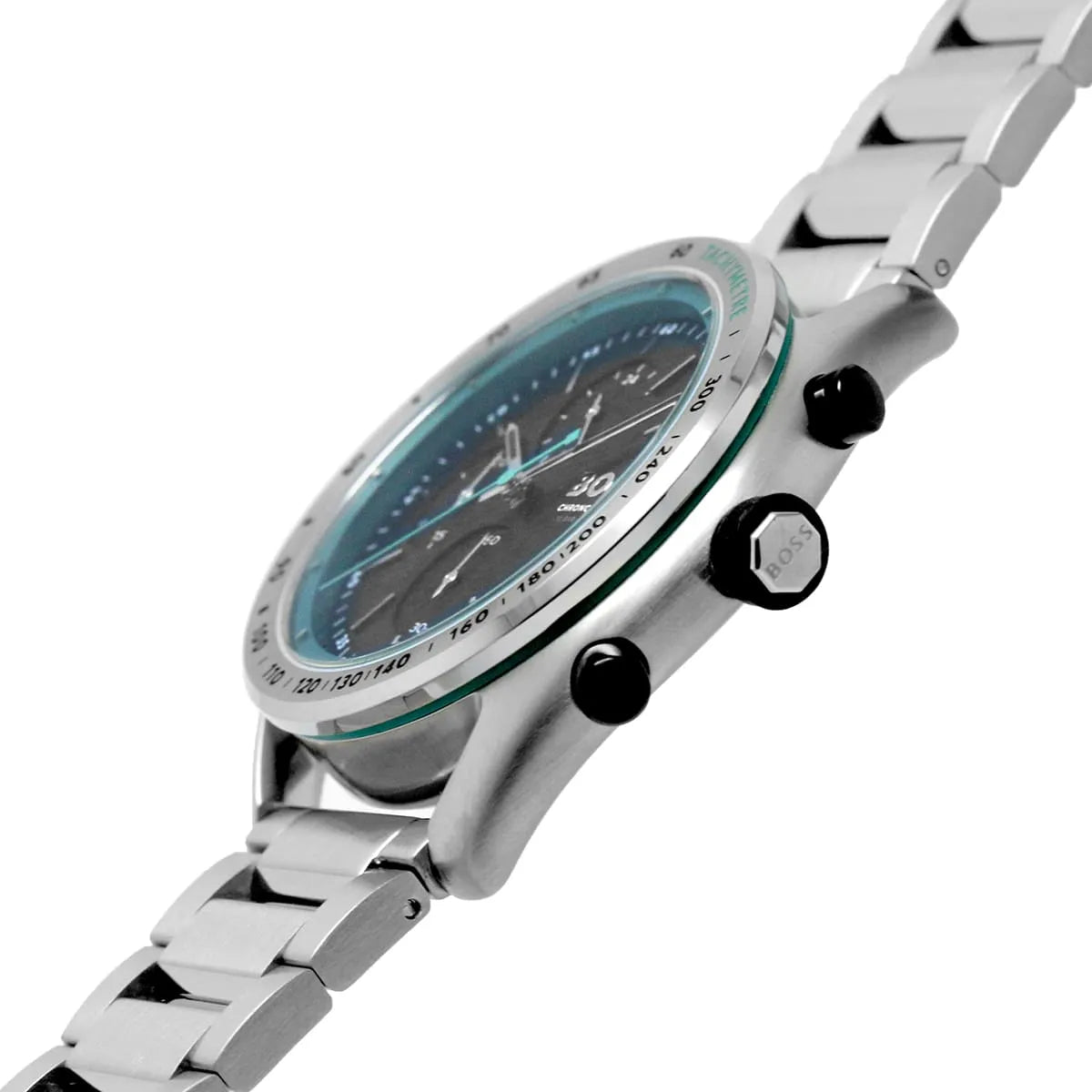 Detailed side view of the silver crown and buttons on the Hugo Boss 1514023