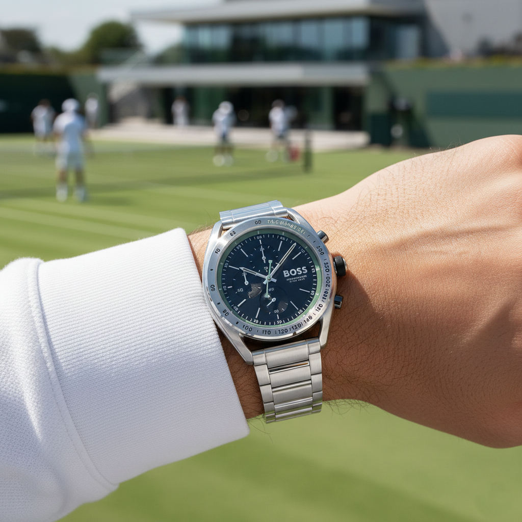 Male model wearing Hugo Boss Center Court 1514023 silver watch with a sporty outfit