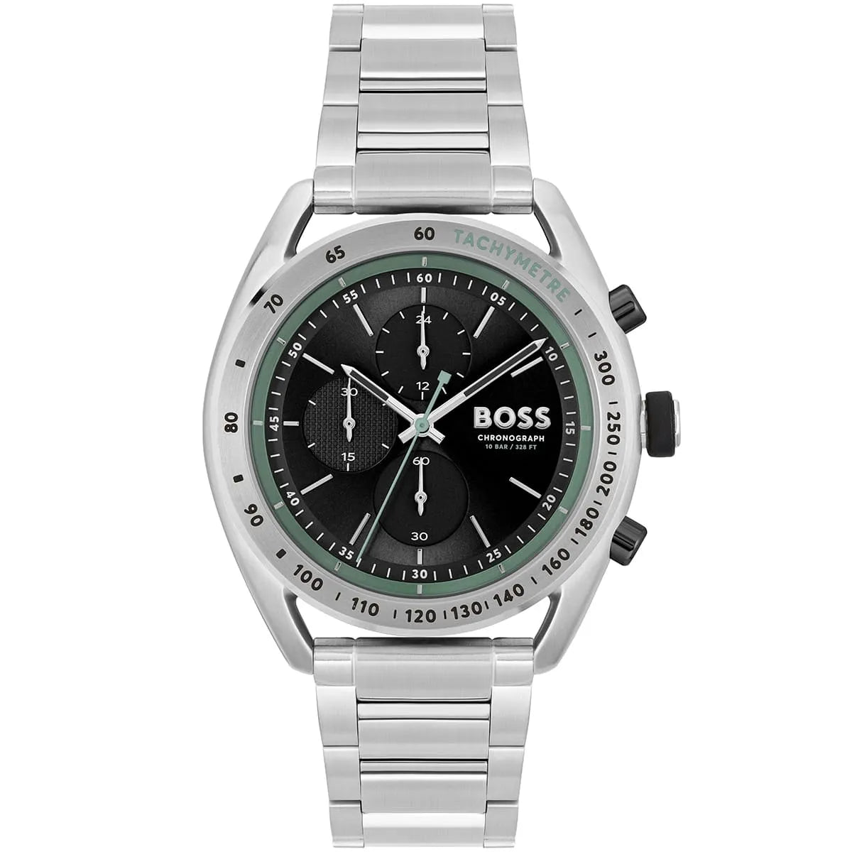 Hugo Boss Center Court 1514023 men's chronograph watch with silver stainless steel strap and green accents