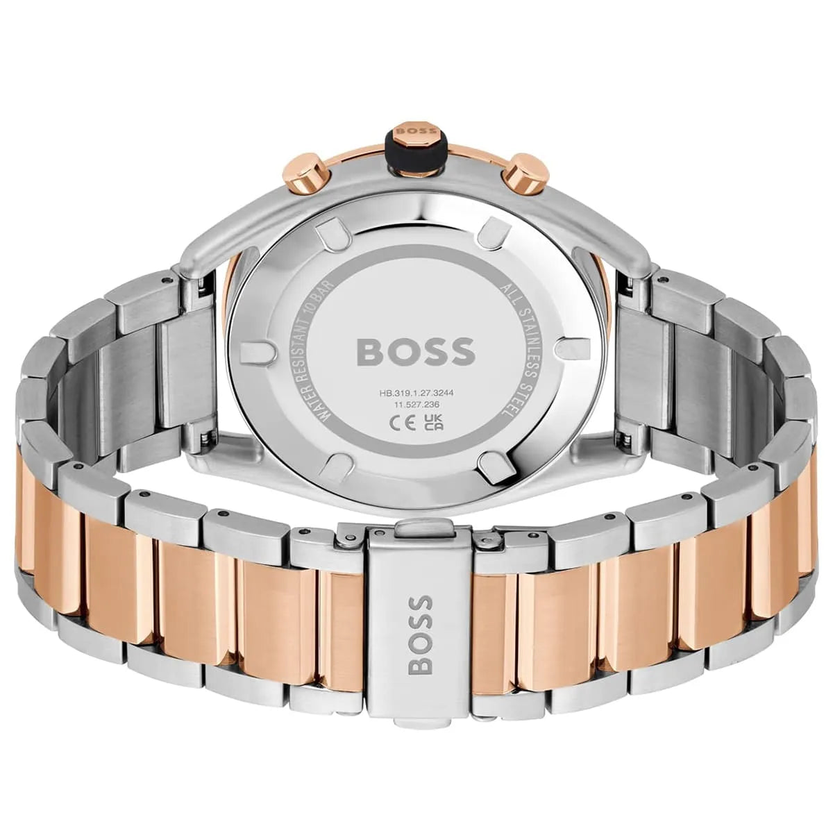 Two-tone deployment clasp with engraved Boss logo on the bracelet of the 1514026