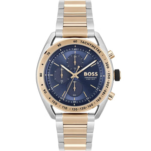 Hugo Boss Center Court 1514026 men's chronograph watch with two-tone silver and rose gold bracelet and blue dial