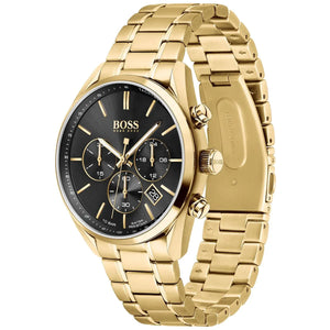 Angled view of the Hugo Boss 1513848 highlighting the gold tachymeter bezel and pushers