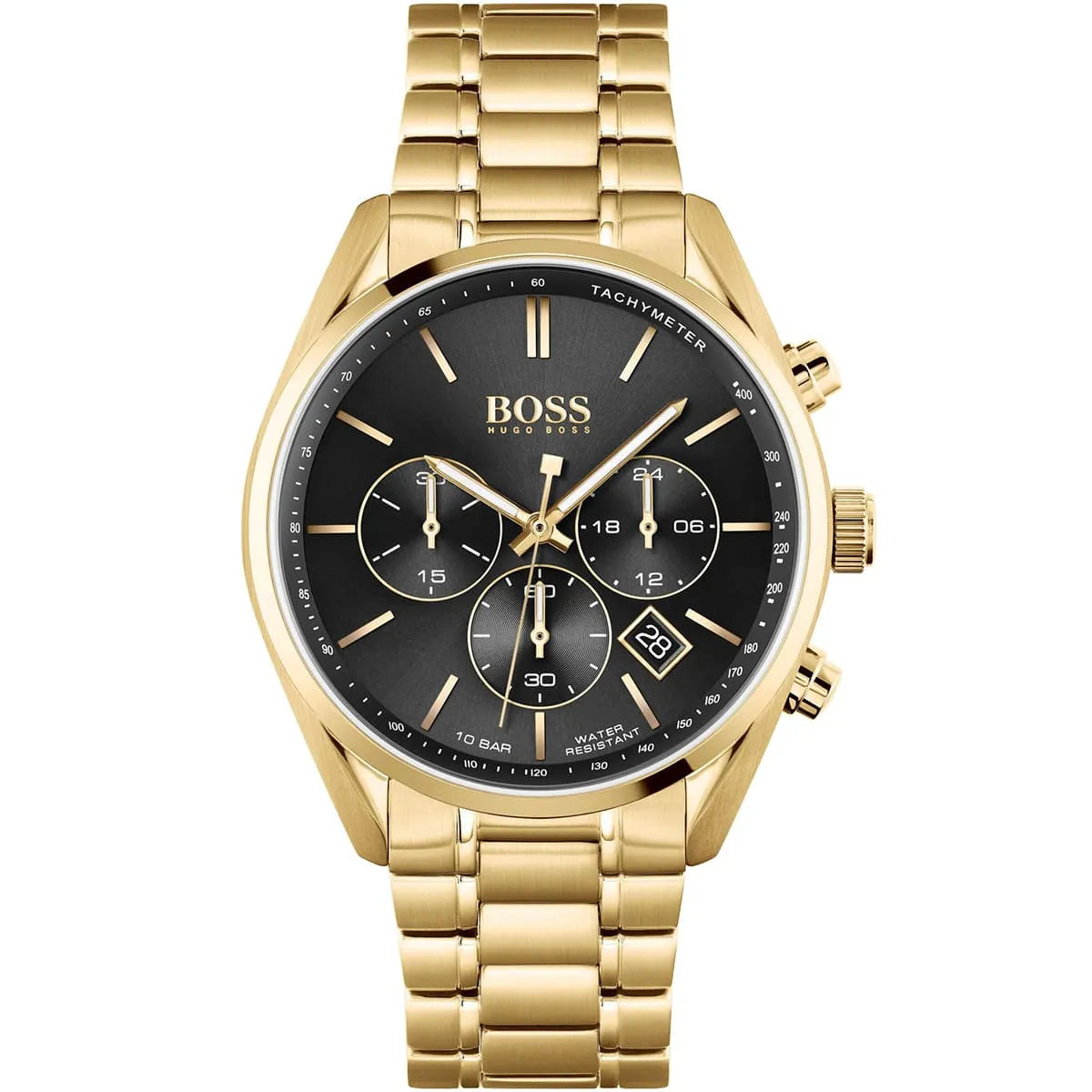 Hugo Boss Champion 1513848 men's chronograph watch with gold-tone stainless steel strap and black dial