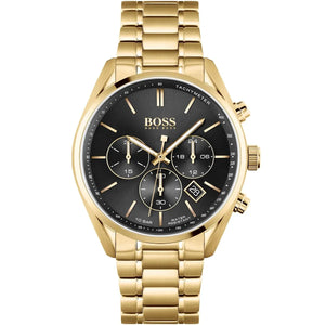 Hugo Boss Champion 1513848 men's chronograph watch with gold-tone stainless steel strap and black dial