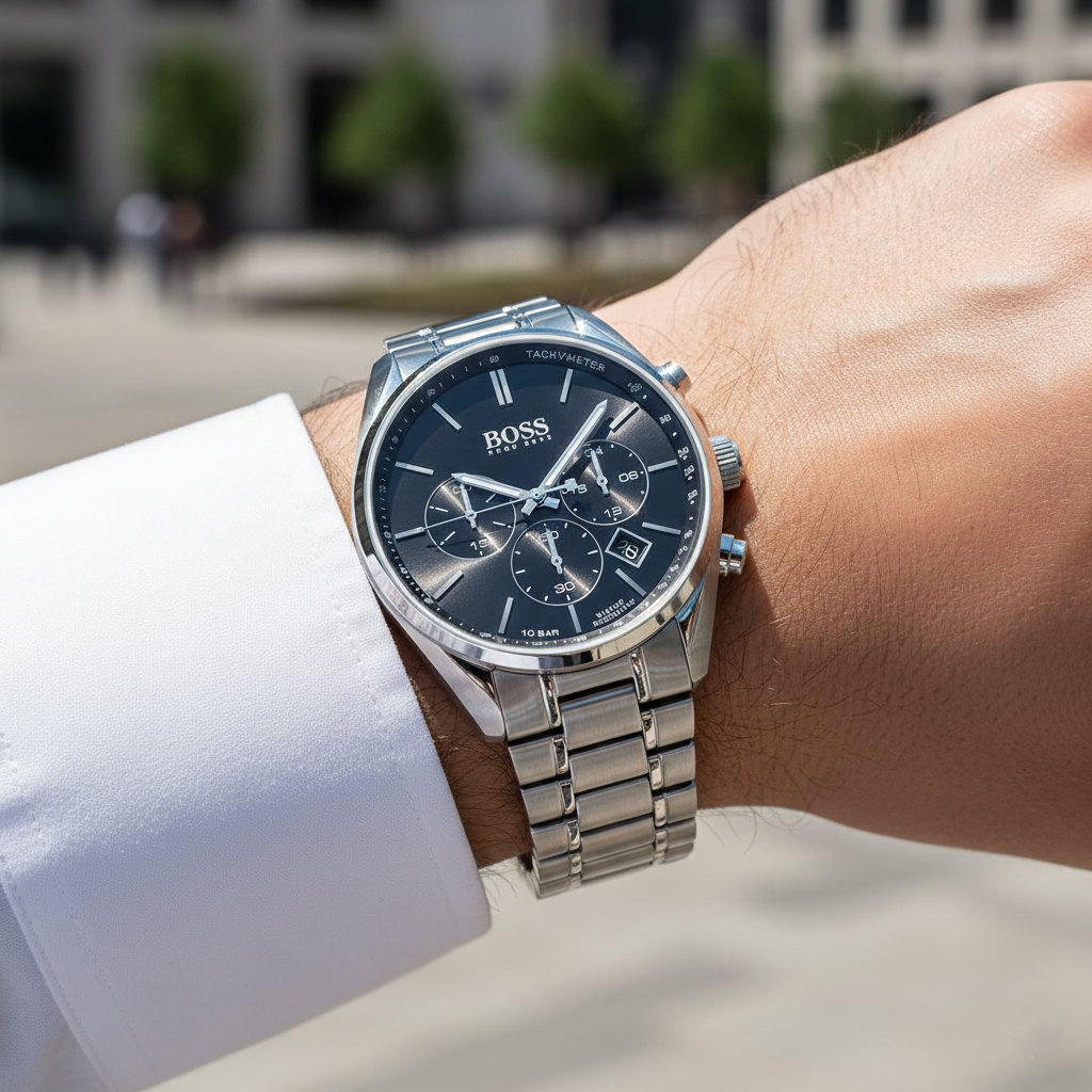Male model wearing Hugo Boss Champion 1513871 silver watch with a classic outfit