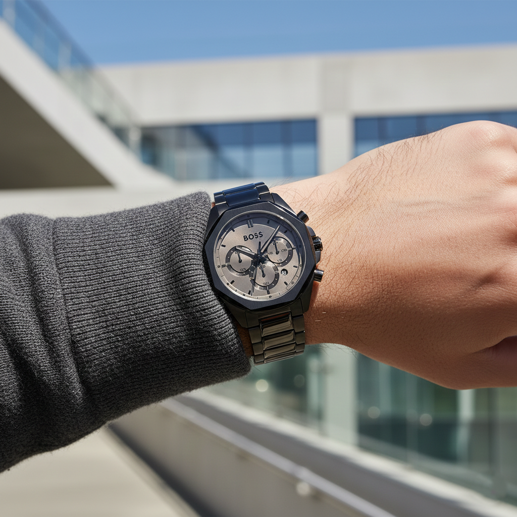 Male model wearing Hugo Boss Cloud 1514016 grey watch with a contemporary monochrome outfit
