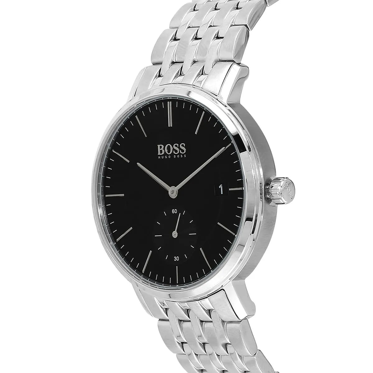 Angled view of the Hugo Boss 1513641 highlighting the polished silver bezel and crown