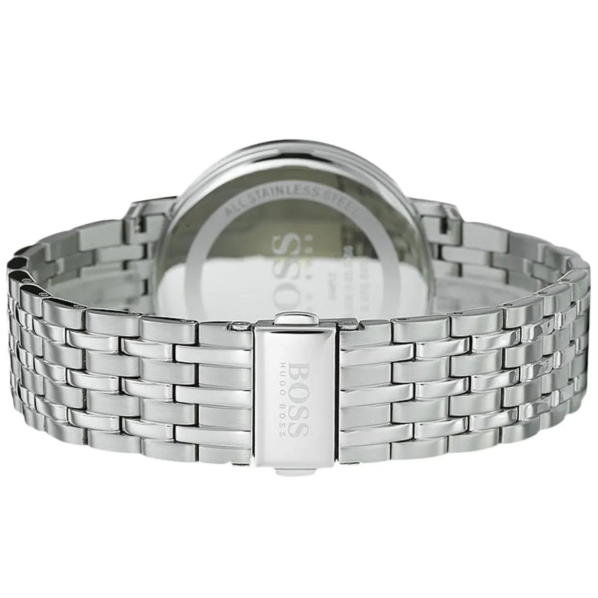 Silver-tone deployment clasp with engraved Boss logo on the bracelet of the 1513641