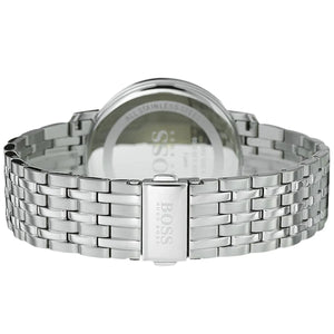 Silver-tone deployment clasp with engraved Boss logo on the bracelet of the 1513641