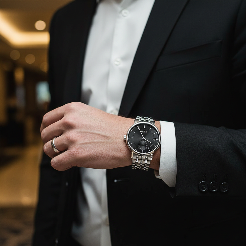 Male model wearing Hugo Boss Corporal 1513641 watch with a formal business suit