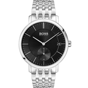 Hugo Boss Corporal 1513641 men's watch with silver stainless steel strap and black dial with small seconds