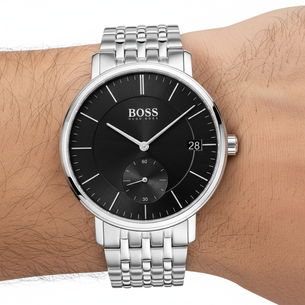 Close up shot of Hugo Boss Corporal 1513641 watch on wrist showing the date window and silver indices