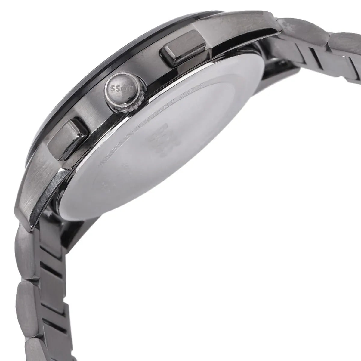 Left side perspective of the Hugo Boss 1513929 black dial and gunmetal bracelet link