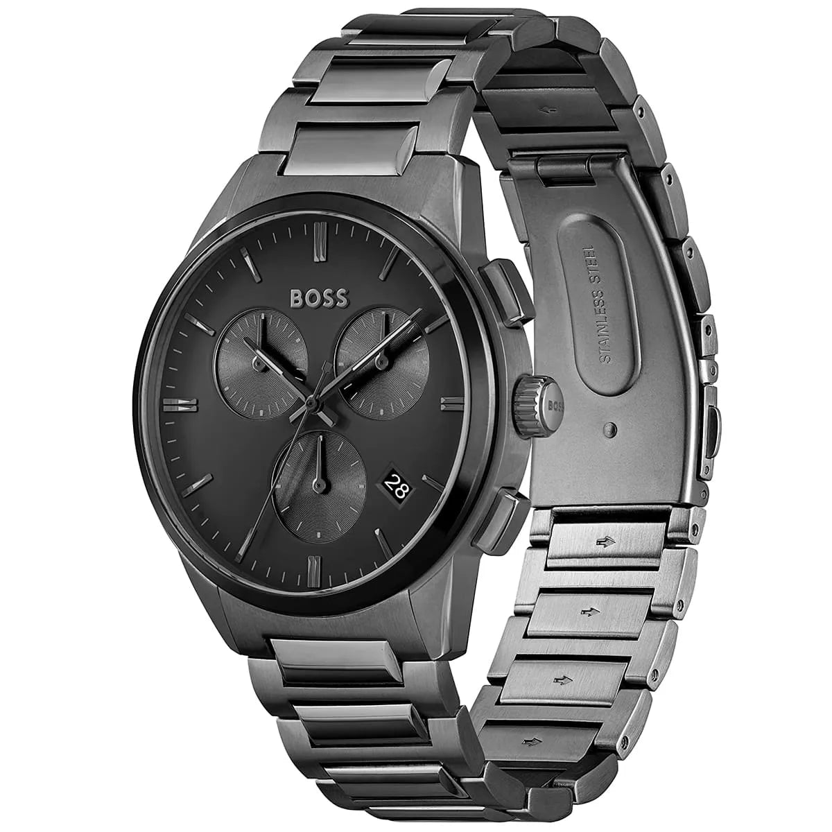 Angled view of the Hugo Boss 1513929 highlighting the grey pushers and polished case