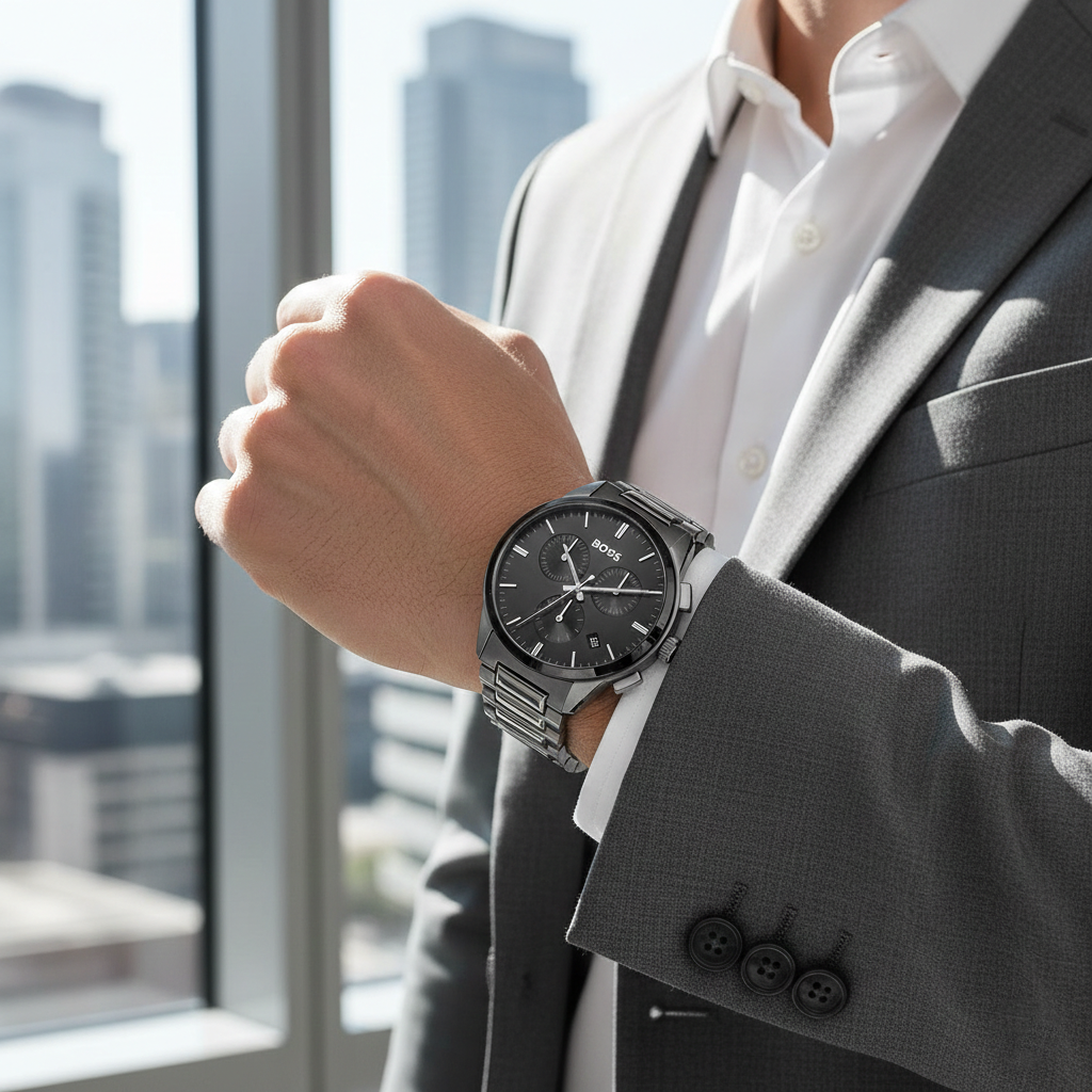 Male model wearing Hugo Boss Dapper 1513929 grey watch with a smart business outfit