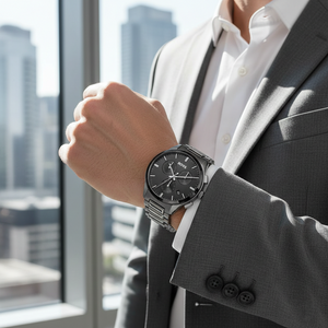 Male model wearing Hugo Boss Dapper 1513929 grey watch with a smart business outfit