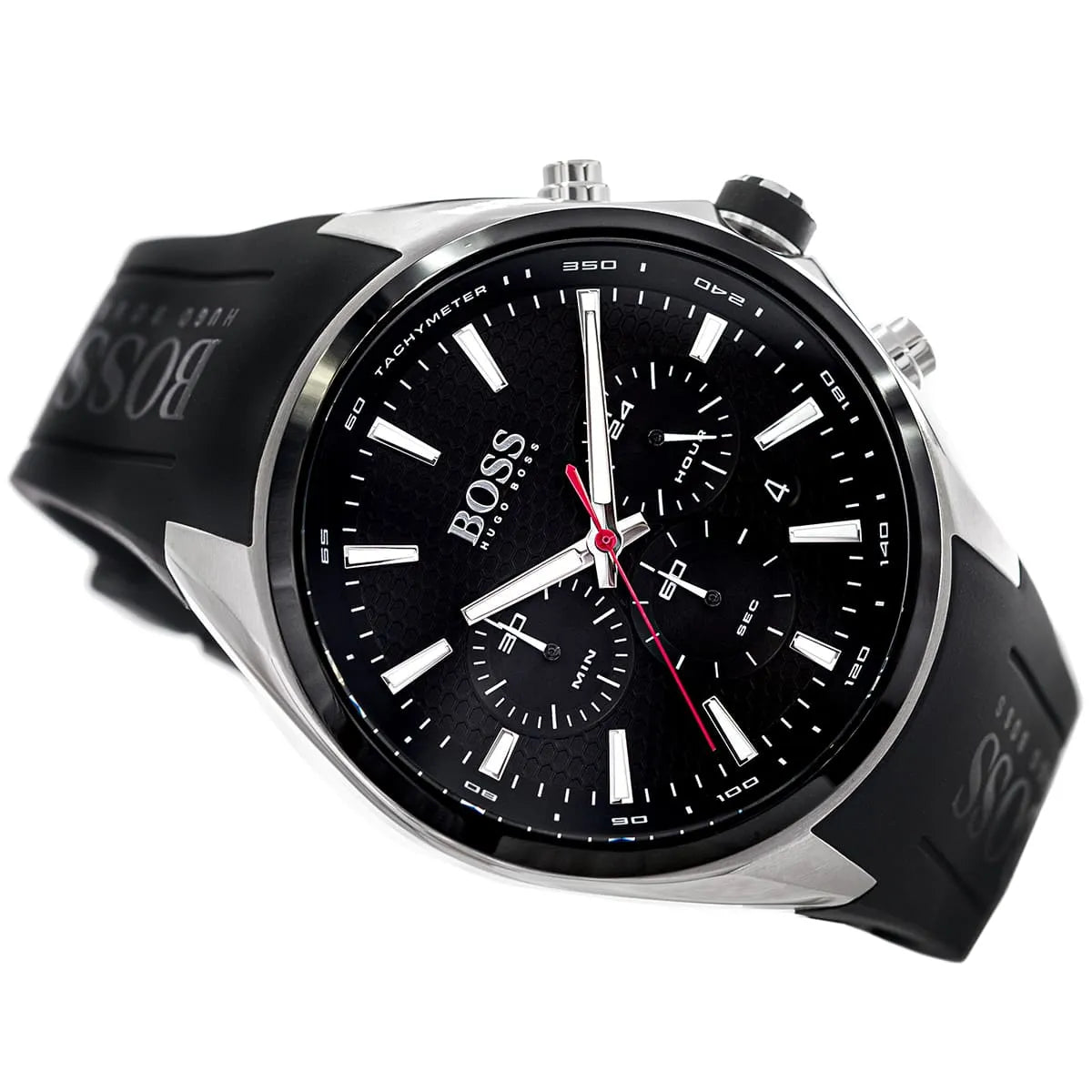 Left side perspective of the Hugo Boss 1513855 black dial and rubber strap texture