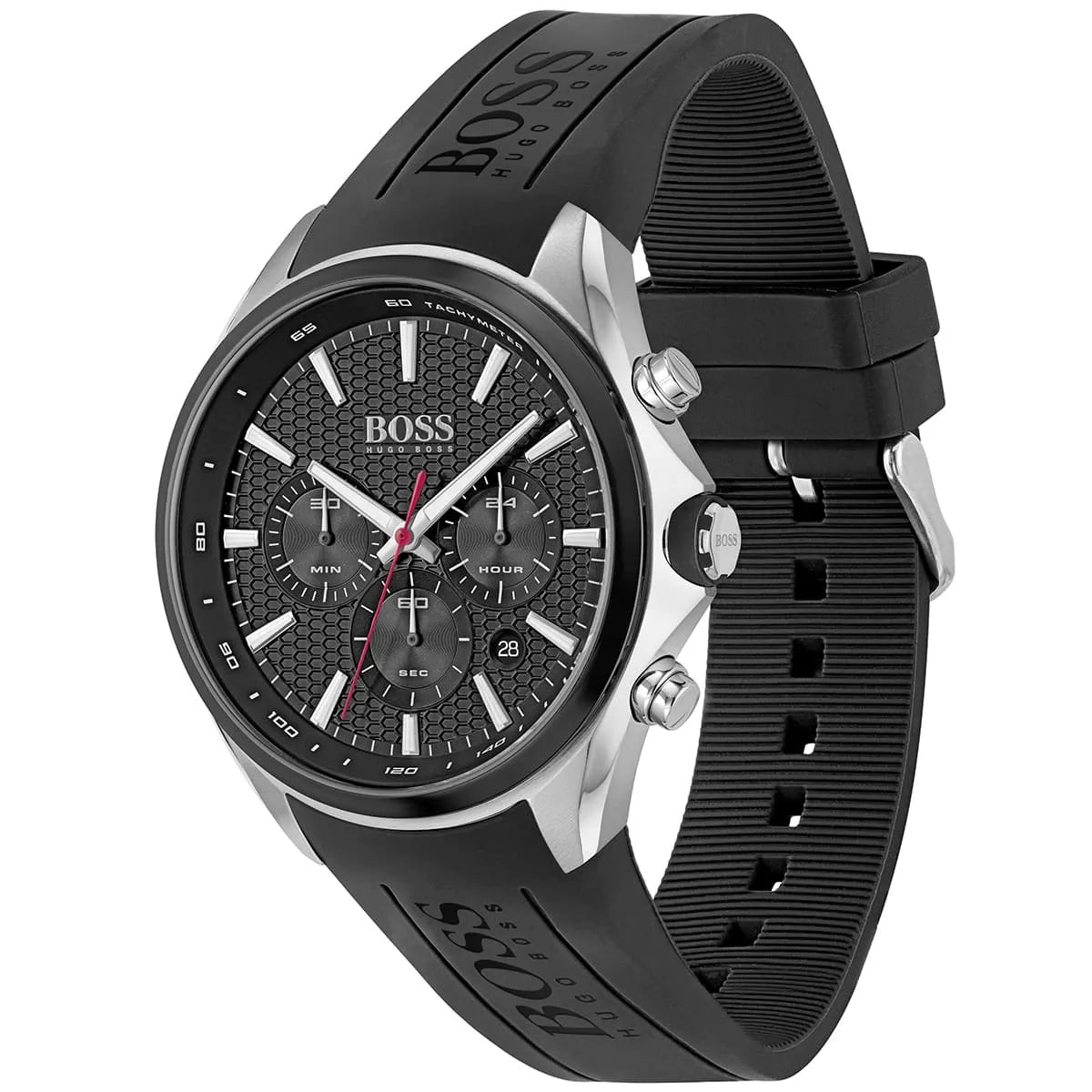 Angled view of the Hugo Boss 1513855 highlighting the silver pushers and black bezel