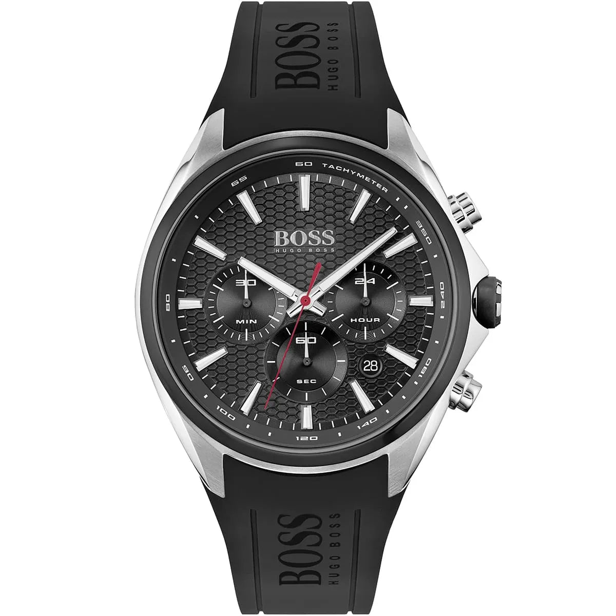 Hugo Boss Distinct 1513855 men's chronograph watch with black rubber strap and red accents on dial