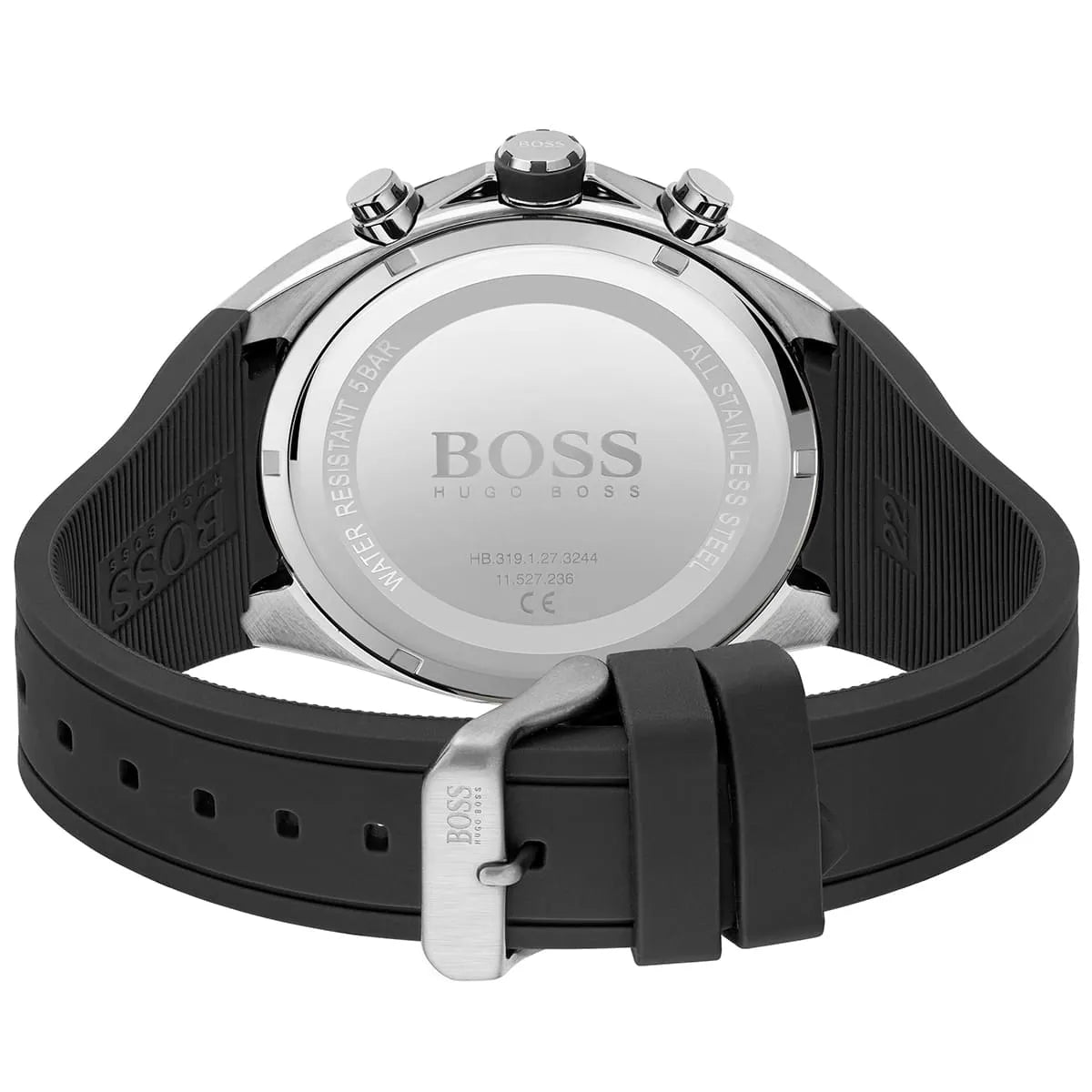 Stainless steel buckle clasp with engraved Boss logo on the black rubber strap of the 1513855