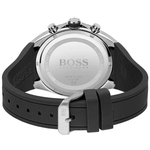 Stainless steel buckle clasp with engraved Boss logo on the black rubber strap of the 1513855