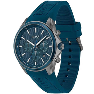 Angled view of the Hugo Boss 1513856 highlighting the gunmetal pushers and blue strap connection