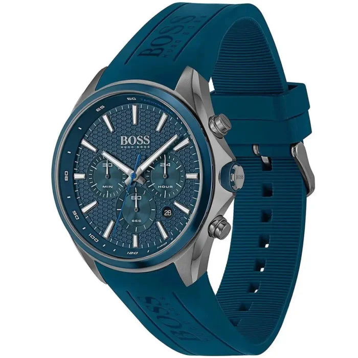 Angled view of the Hugo Boss 1513856 highlighting the gunmetal pushers and blue strap connection