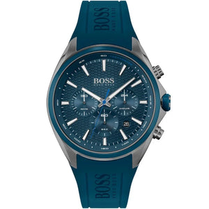 Hugo Boss Distinct 1513856 men's chronograph watch with blue rubber strap and gunmetal case