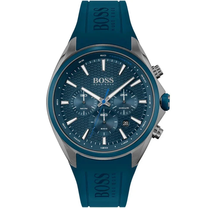Hugo Boss Distinct 1513856 men's chronograph watch with blue rubber strap and gunmetal case