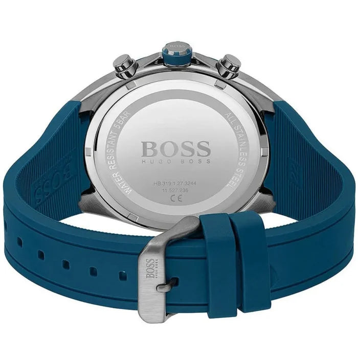 Gunmetal buckle clasp with engraved Boss logo on the blue rubber strap of the 1513856