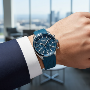 Male model wearing Hugo Boss Distinct 1513856 blue rubber watch with a casual t-shirt