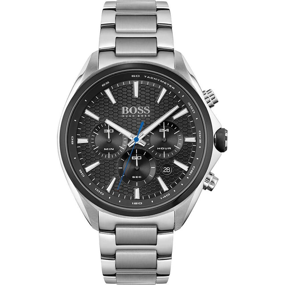 Hugo Boss Distinct 1513857 men's chronograph watch with silver stainless steel bracelet and black honeycomb dial