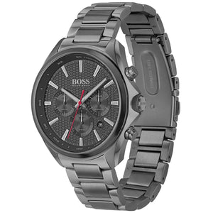 Angled view of the Hugo Boss 1513858 highlighting the gunmetal pushers and 46mm case