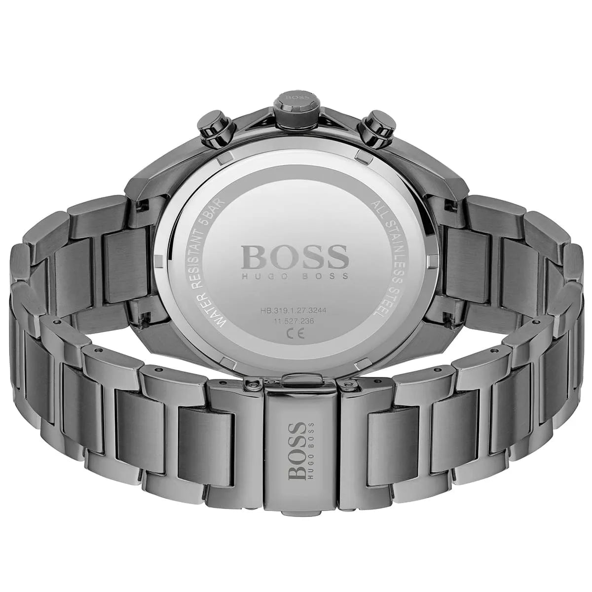Back view of the Hugo Boss 1513858 watch showing the stainless steel caseback details