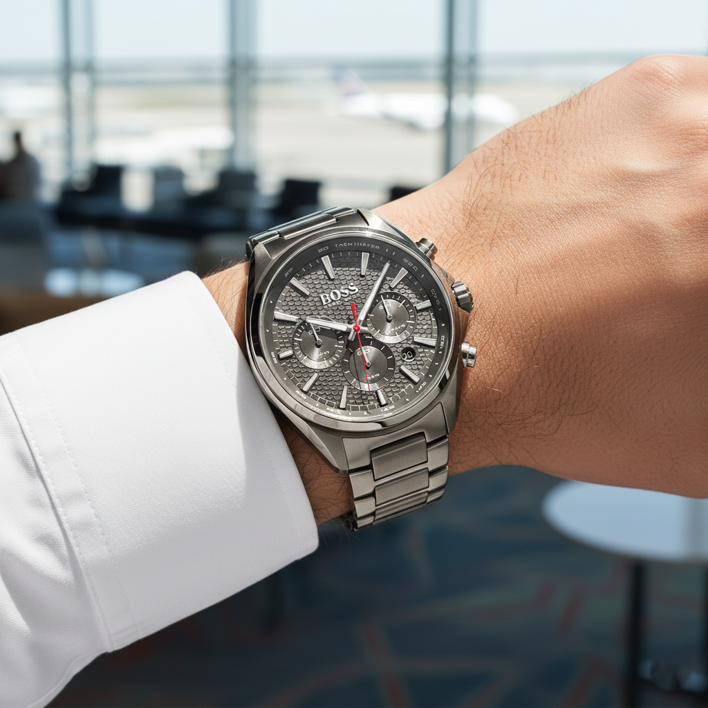 Male model wearing Hugo Boss Distinct 1513858 grey watch with a sporty casual outfit