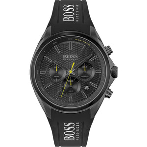 Hugo Boss Distinct 1513859 men's chronograph watch with black silicone strap and black textured dial