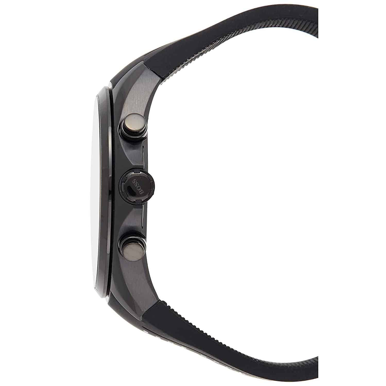 Angled view of the Hugo Boss 1513859 highlighting the black ion-plated case and silicone strap texture