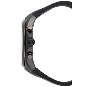 Angled view of the Hugo Boss 1513859 highlighting the black ion-plated case and silicone strap texture