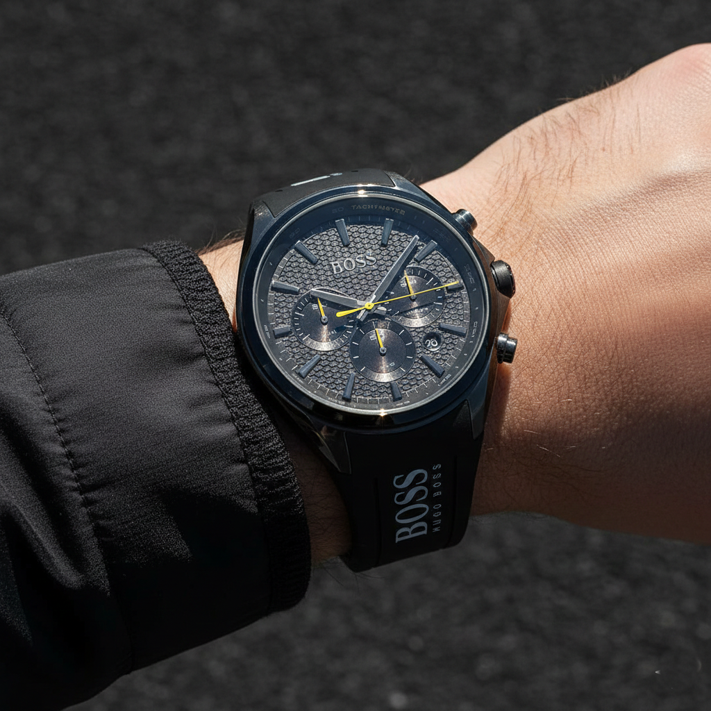 Male model wearing Hugo Boss Distinct 1513859 all-black watch with a sporty casual outfit