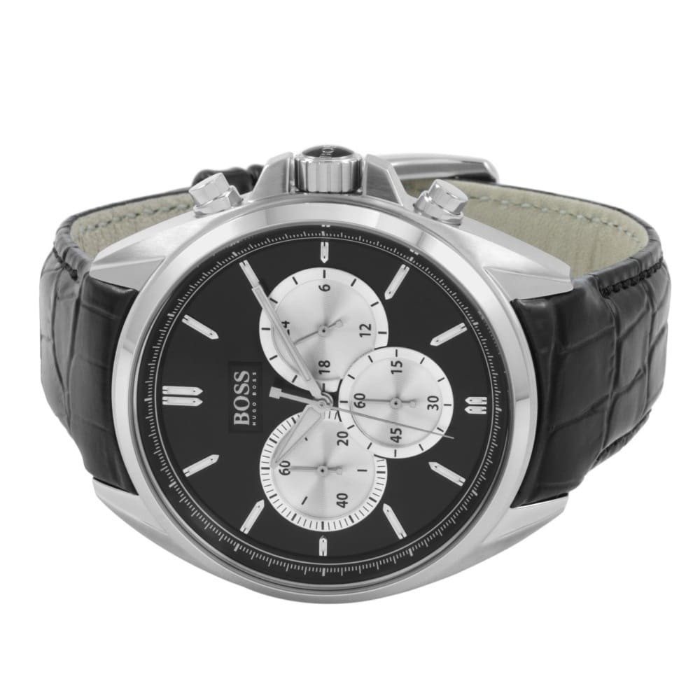 Angled view of the Hugo Boss 1512879 highlighting the polished silver case and chronograph pushers