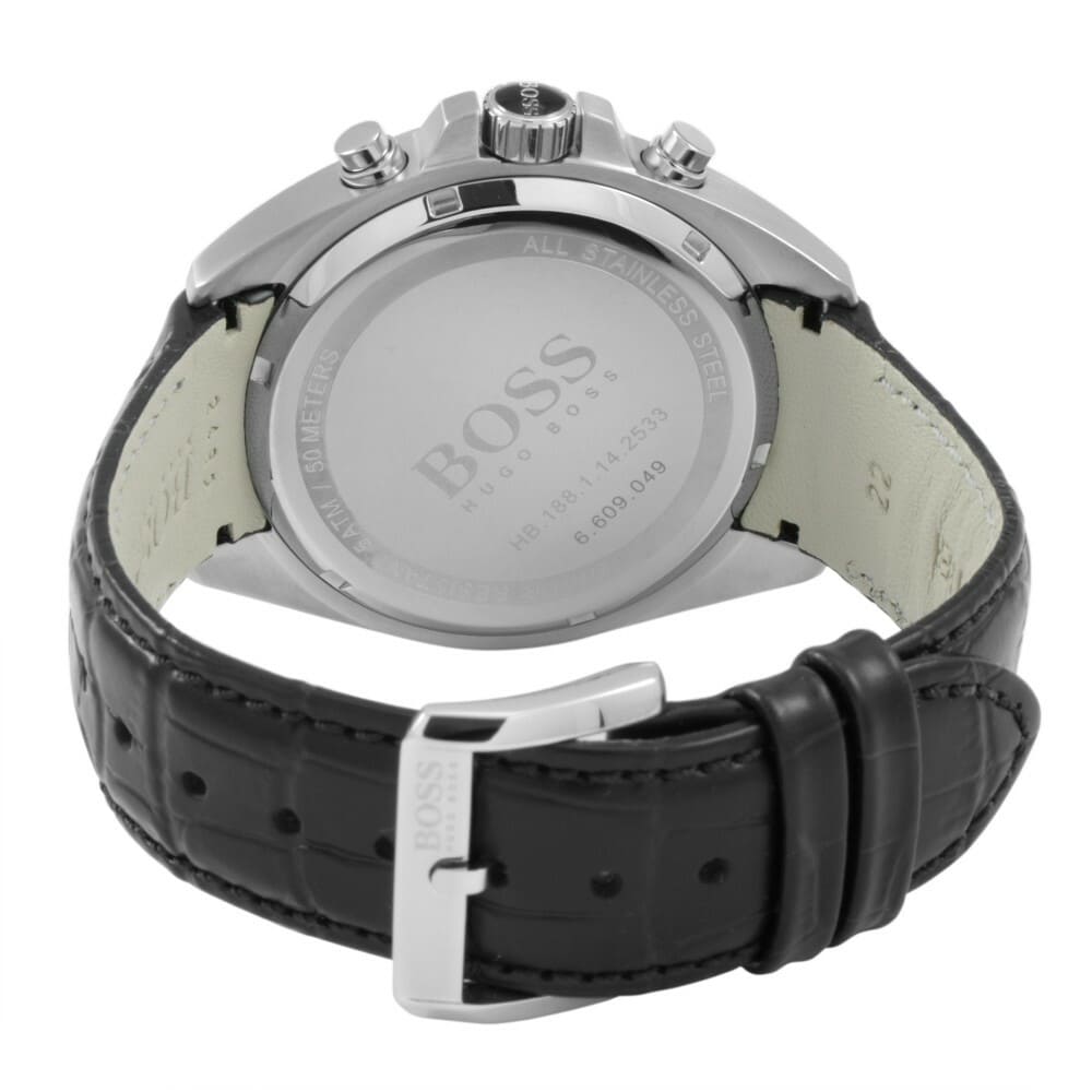 Back view of the Hugo Boss 1512879 watch showing the stainless steel caseback and Driver series details