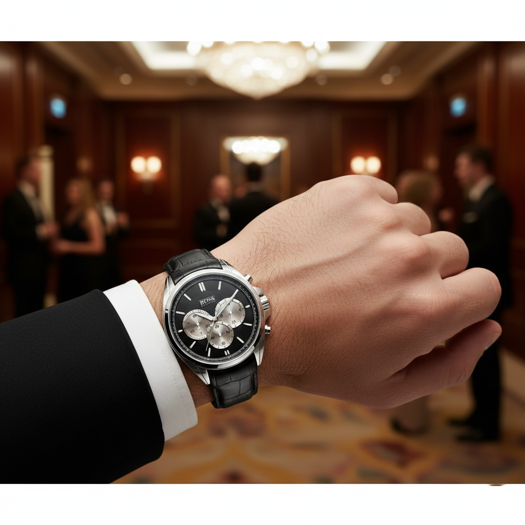 Male model wearing Hugo Boss Driver 1512879 silver watch with a formal business suit