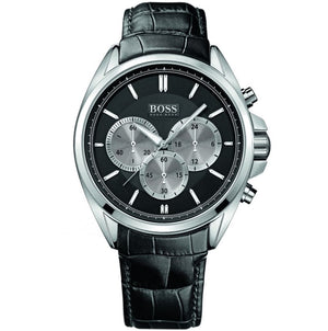 Hugo Boss Driver 1512879 men's chronograph watch with silver stainless steel case and black leather strap
